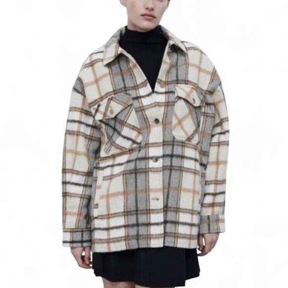 Zara Plaid Shirt Jacket Shacket Women XS Plaid Oversized Long Sleeve Button Up - Picture 3 of 6